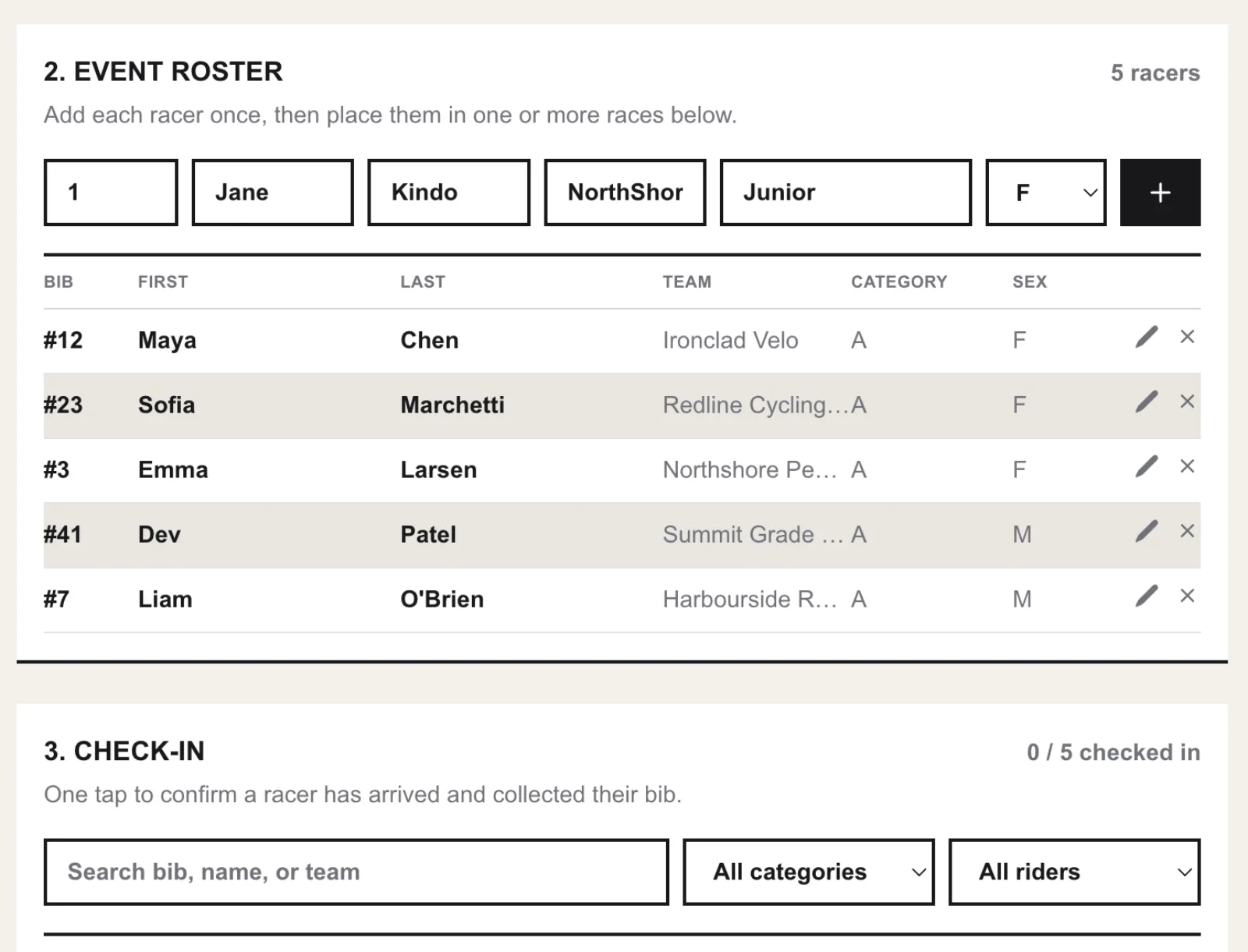 SplitSync organizer admin screen showing the event roster and race-day check-in, listing racers with bib, name, team, category, sex, and check-in status